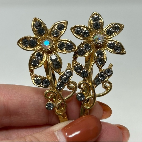 Set of 4 Floral Rhinestone Hair Bobby Pins Leaves Aurora Borealis Sparkle Beads - Picture 3 of 7